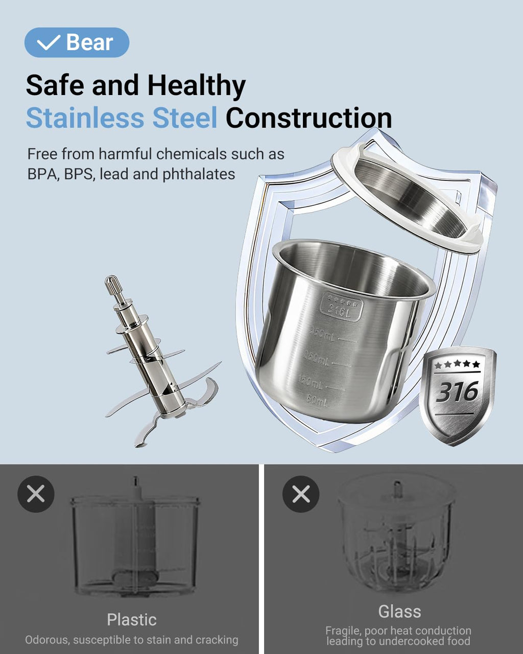 Bear NutriEase AllStage Stainless Steel Baby Food Maker Steamer and Blender, Truly OneStep Baby Food Processor Puree Maker Grinder Mills, Auto Cooking&Grinding for Healthy Homemade Baby Food, BPA-Free
