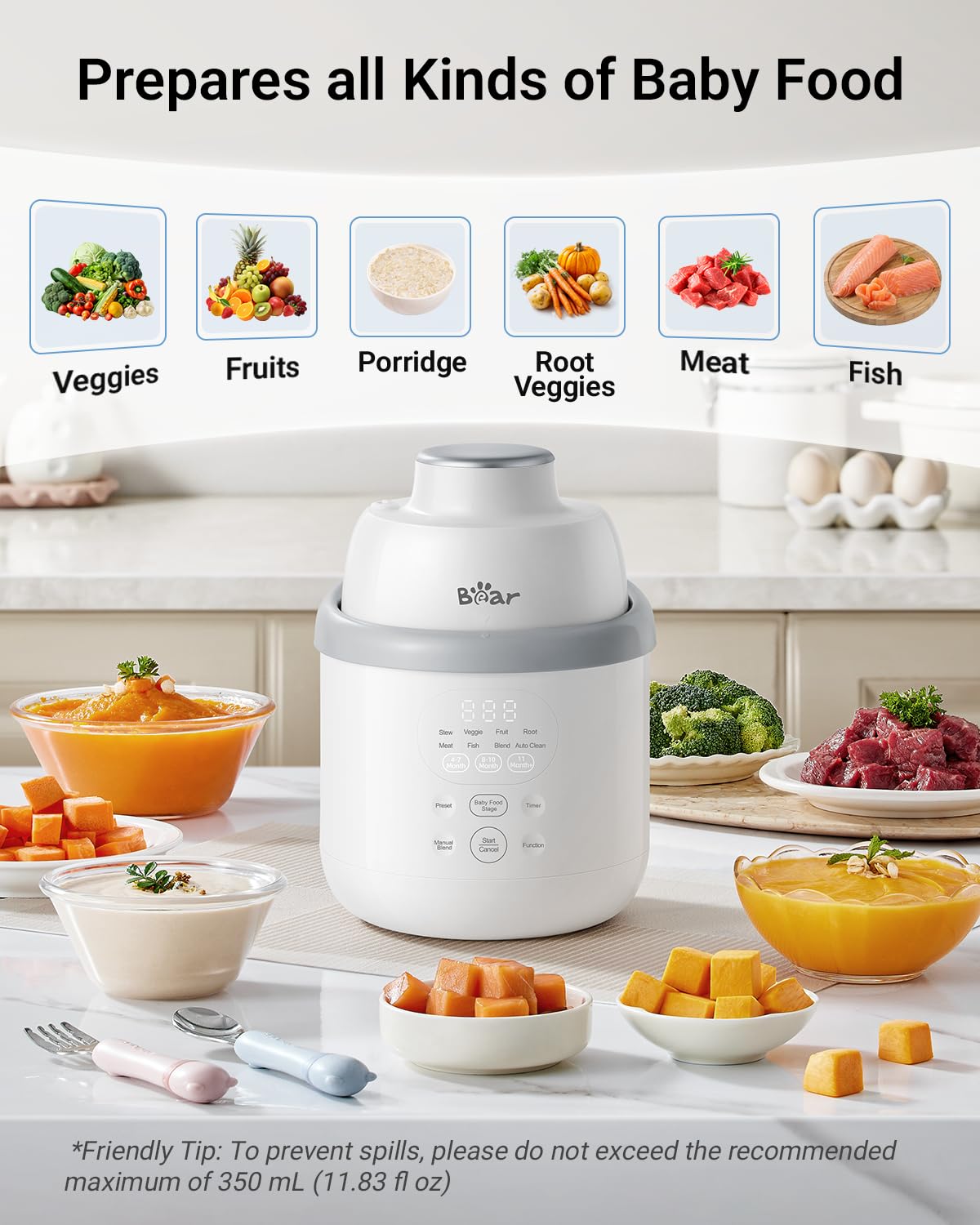 Bear NutriEase AllStage Stainless Steel Baby Food Maker Steamer and Blender, Truly OneStep Baby Food Processor Puree Maker Grinder Mills, Auto Cooking&Grinding for Healthy Homemade Baby Food, BPA-Free