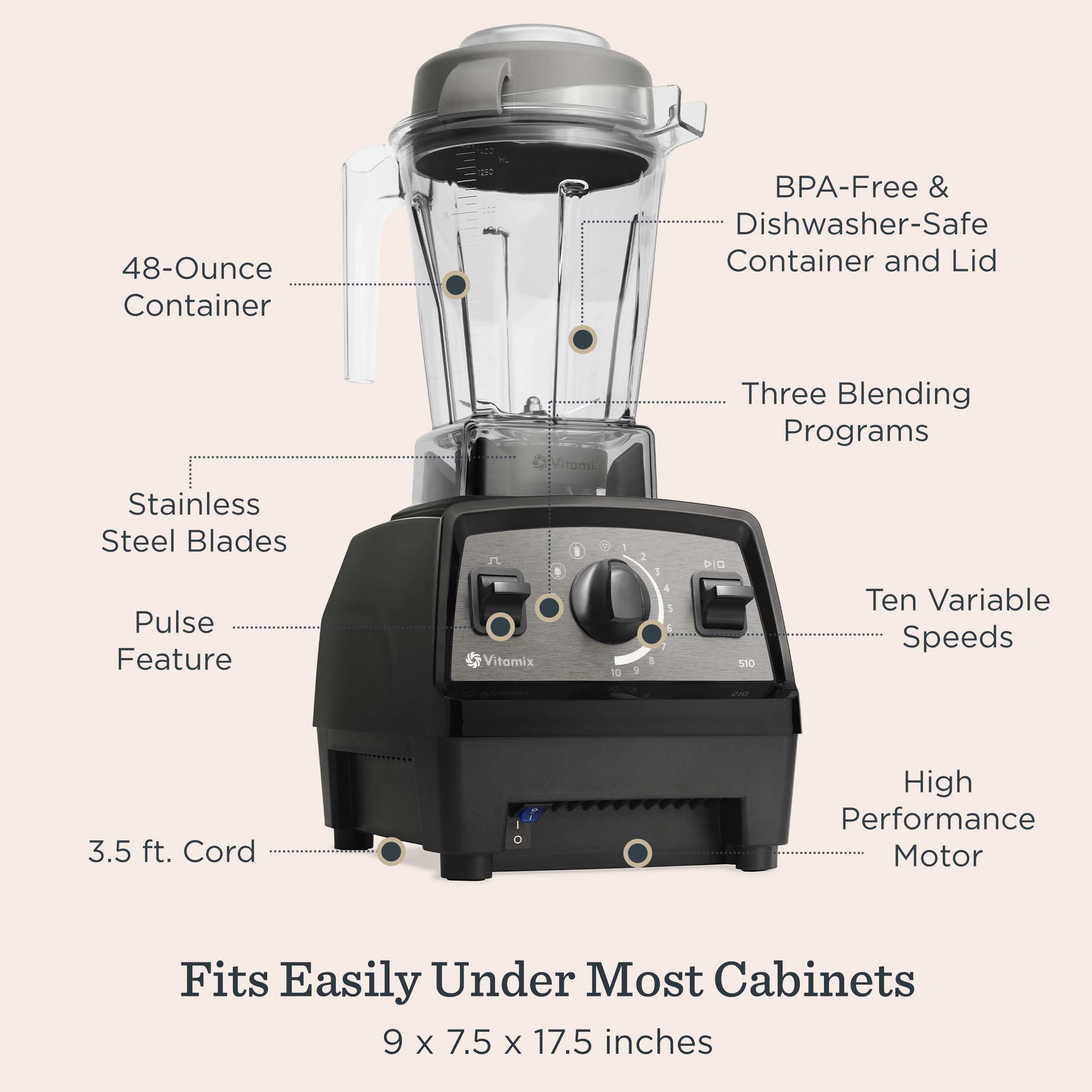 Vitamix Propel Series 510 Blender with Three Blending Programs, Professional-Grade Blender for Smoothies and More, Stainless-Steel Blades, Self-Cleaning Kitchen Appliance, 48 Oz Container, Black