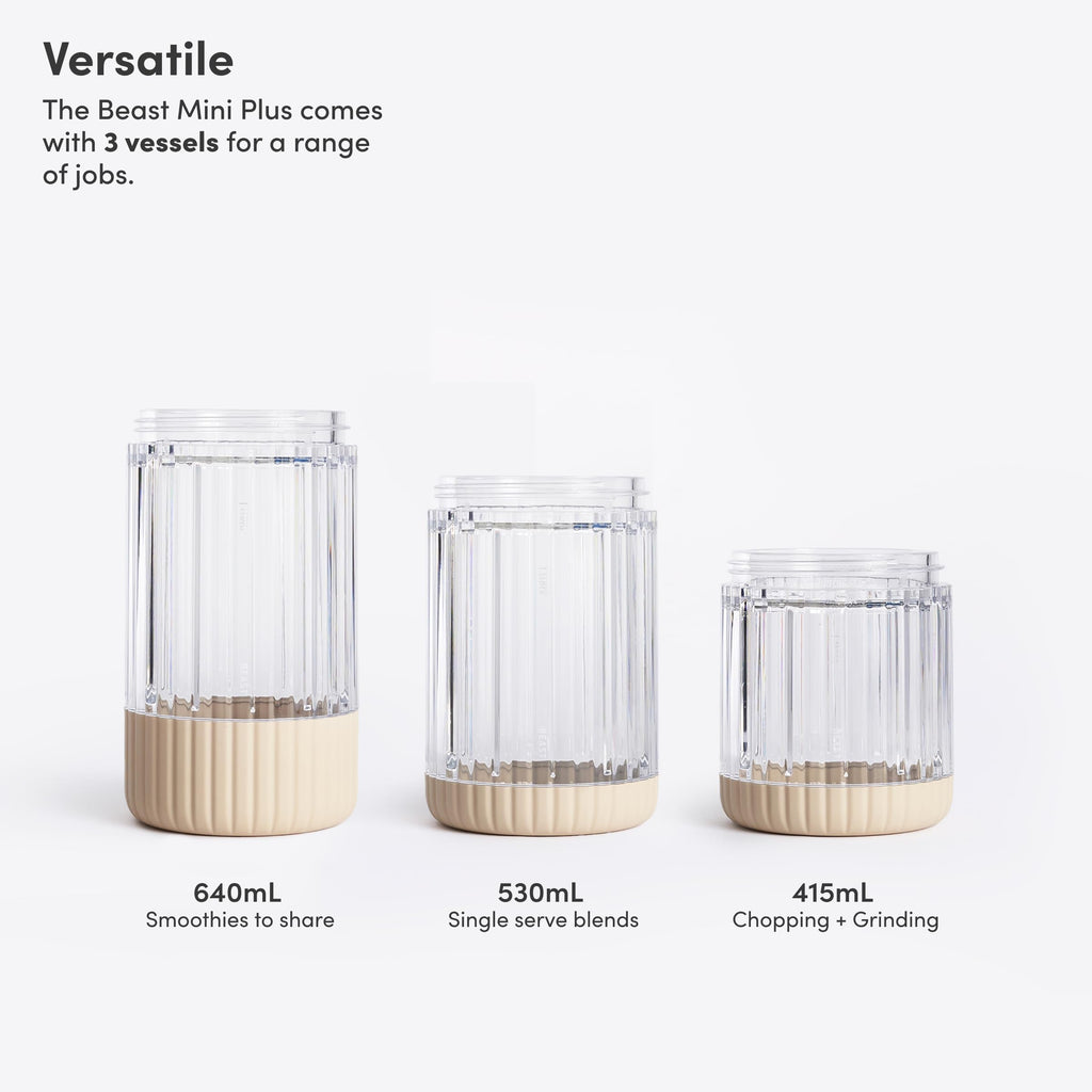 The Beast Mini Blender Plus | Mini Countertop Kitchen Blender | Blend Smoothies and Shakes, Dressings, Sauces, Dips | Extra Vessels, Straw Cap and Straws Included | 600W (Sand)