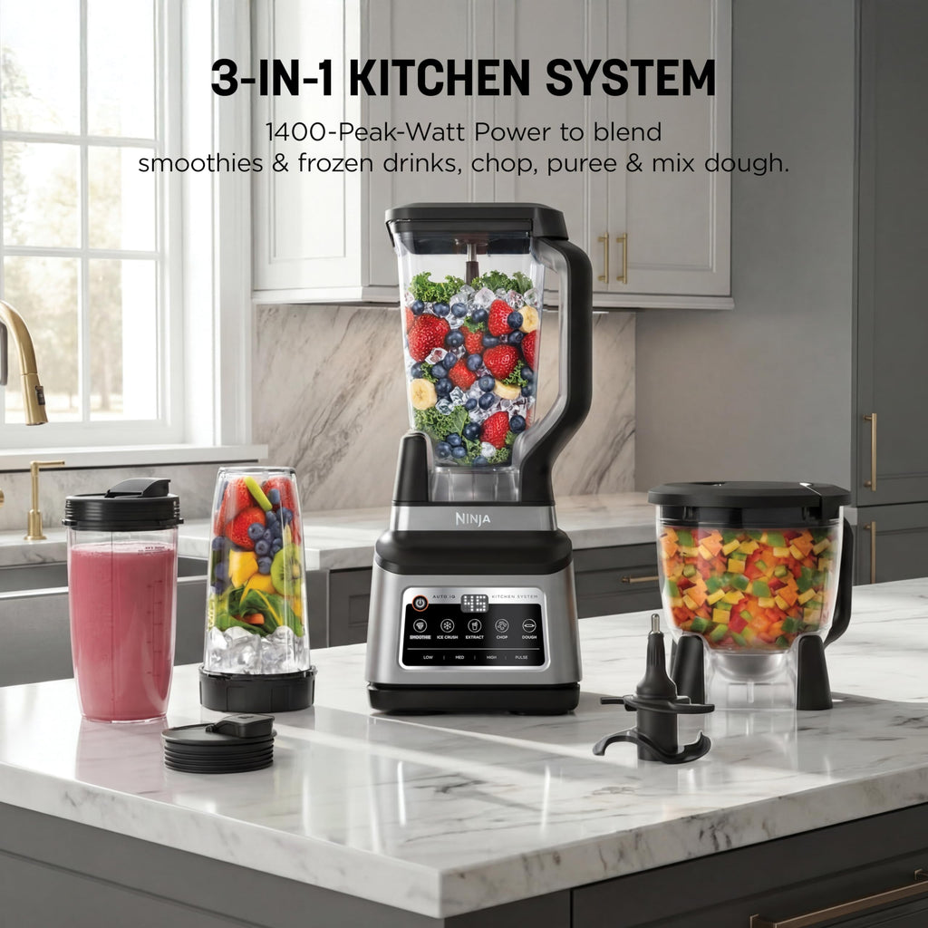 Ninja BN801 Professional Plus Kitchen System, 1400 WP, 5 Functions for Smoothies, Chopping, Dough & More with Auto IQ, 72-oz.* Blender Pitcher, 64-oz. Processor Bowl, (2) 24-oz. To-Go Cups, Grey