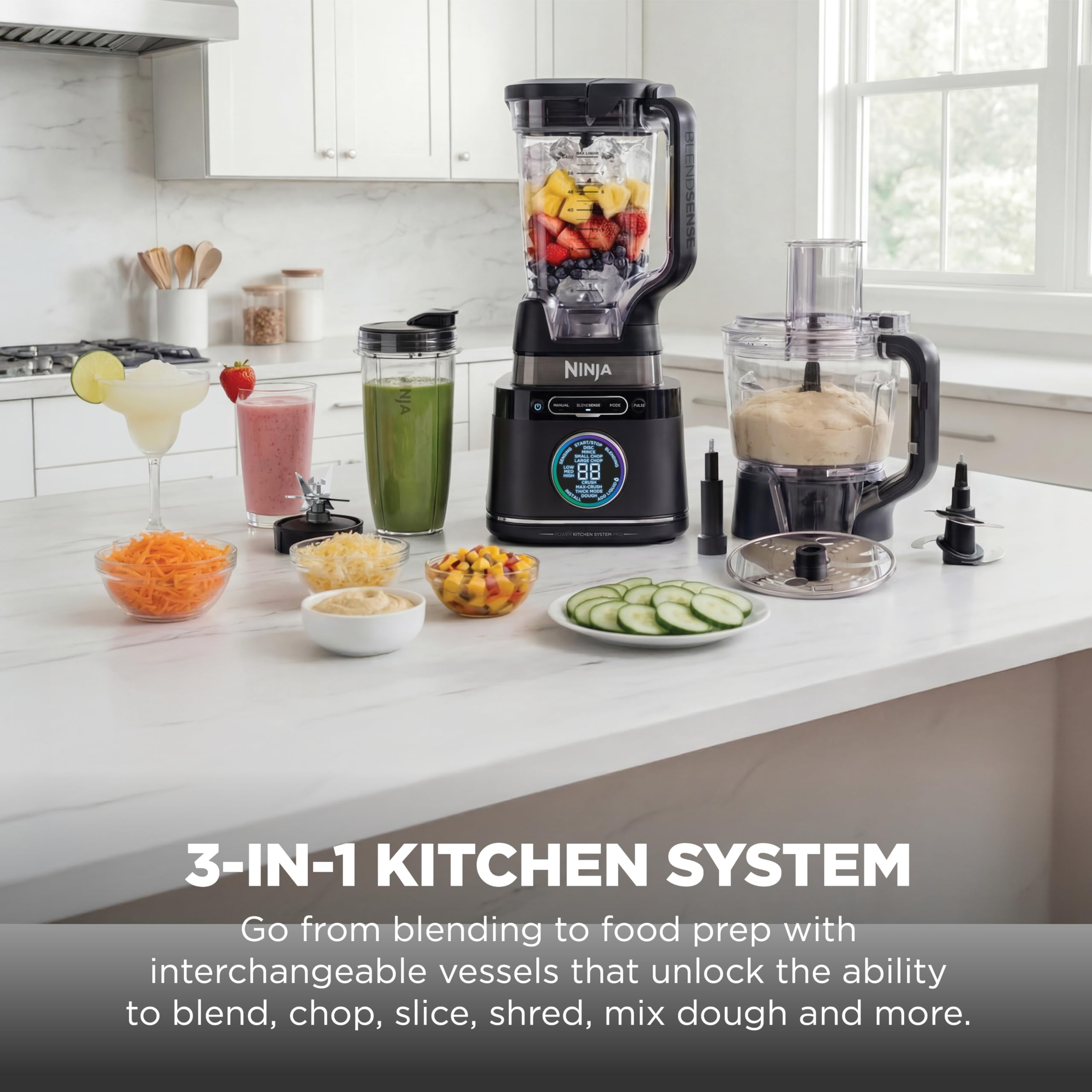Ninja Kitchen System | Food Processor & Blender with BlendSense Technology | 8-Cup Bowl & 24-oz. To-Go Cup | For Smoothies, Cookie Dough, Salsa & More | 1800-Peak-Watt | Black | TB401