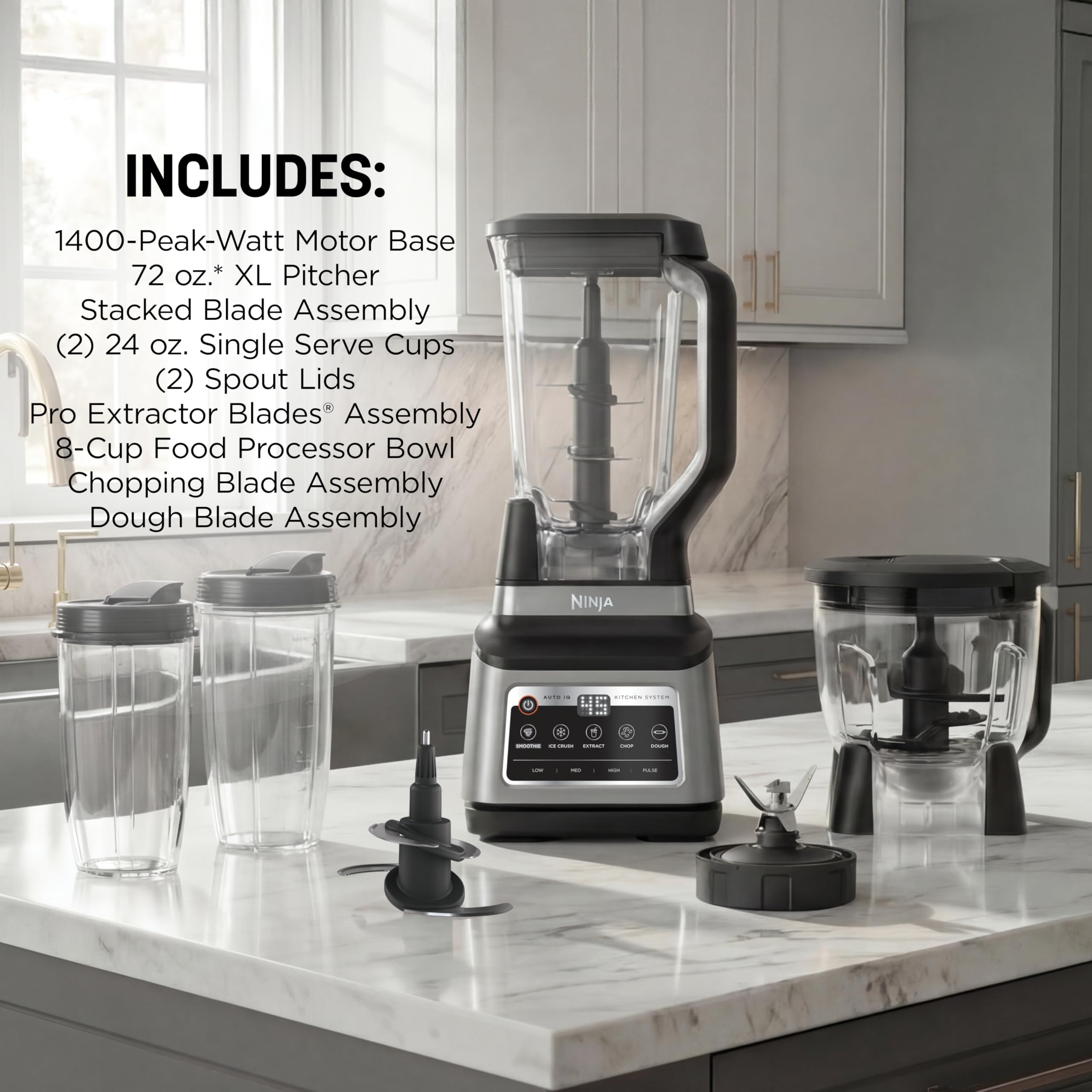 Ninja BN801 Professional Plus Kitchen System, 1400 WP, 5 Functions for Smoothies, Chopping, Dough & More with Auto IQ, 72-oz.* Blender Pitcher, 64-oz. Processor Bowl, (2) 24-oz. To-Go Cups, Grey