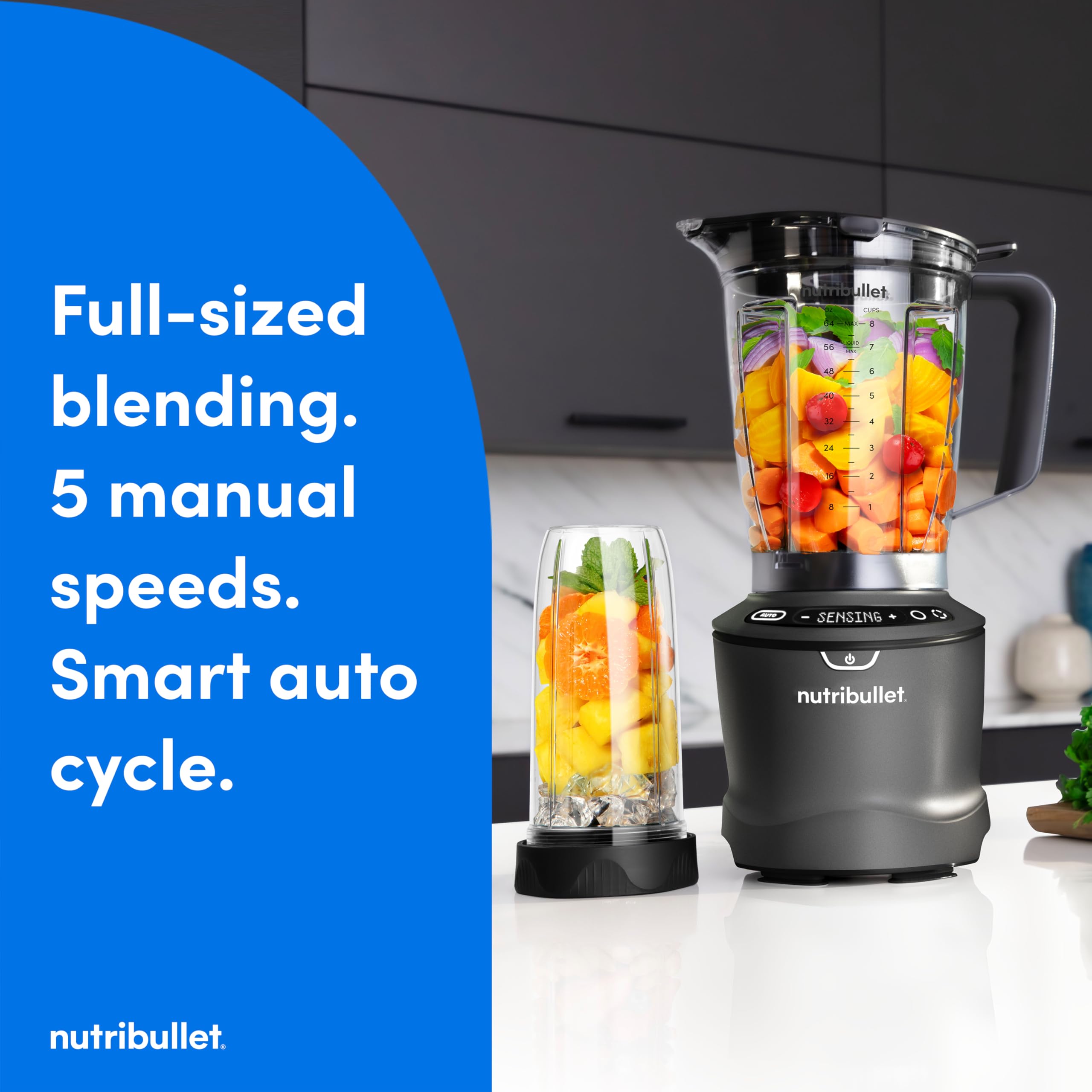 nutribullet SmartSense Blender Combo, 1400W, 64oz Pitcher, 32oz & 24oz Cups, 5-Speed, Smoothies, Ice and Frozen Fruit, Nut Milk, Soup, Gunmetal Gray, NBF50700